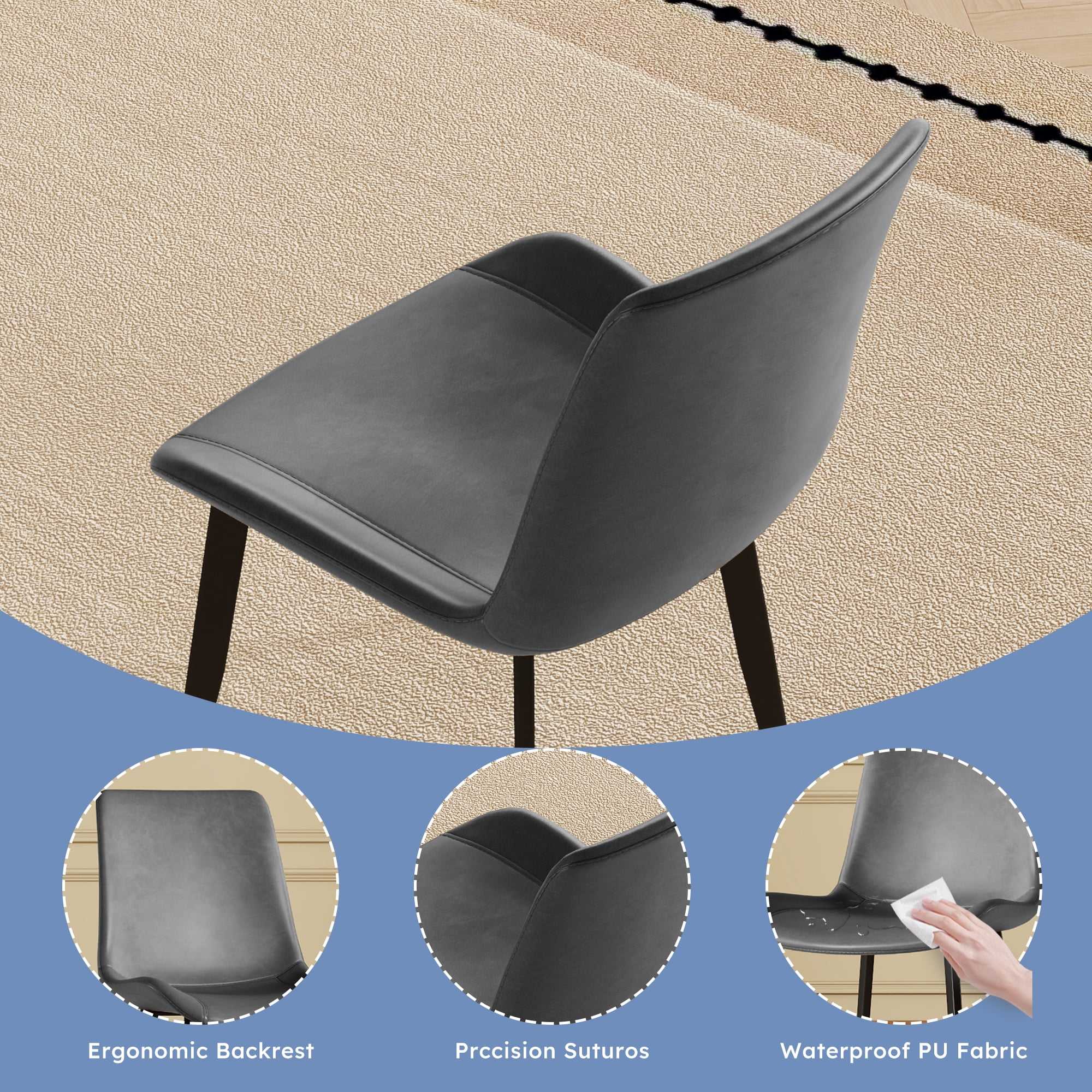 Dining Chairs Set of 4, Modern PU Leather Upholstered Chairs with Metal Legs, Gray Kitchen Dining Room Side Chairs, Comfortable Stackable Design for Home & Office