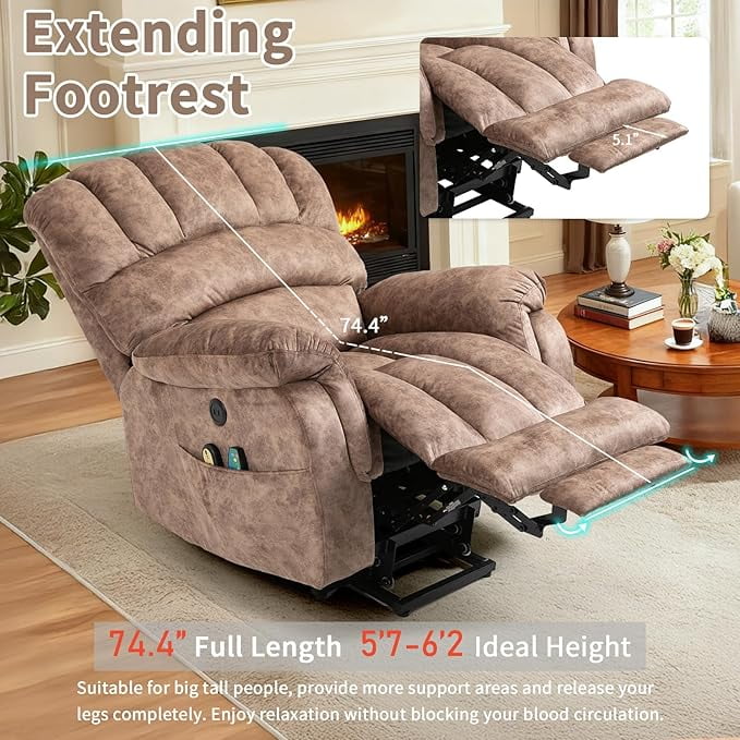 EPICOZY Large Power Lift Recliner Chair for Elderly Big Tall Man, Overstuffed Heated Massage Wide Electric Recliners with Extended Footrest, 2 Remote Controls, Side Packets & USB Ports, Fabric Brown