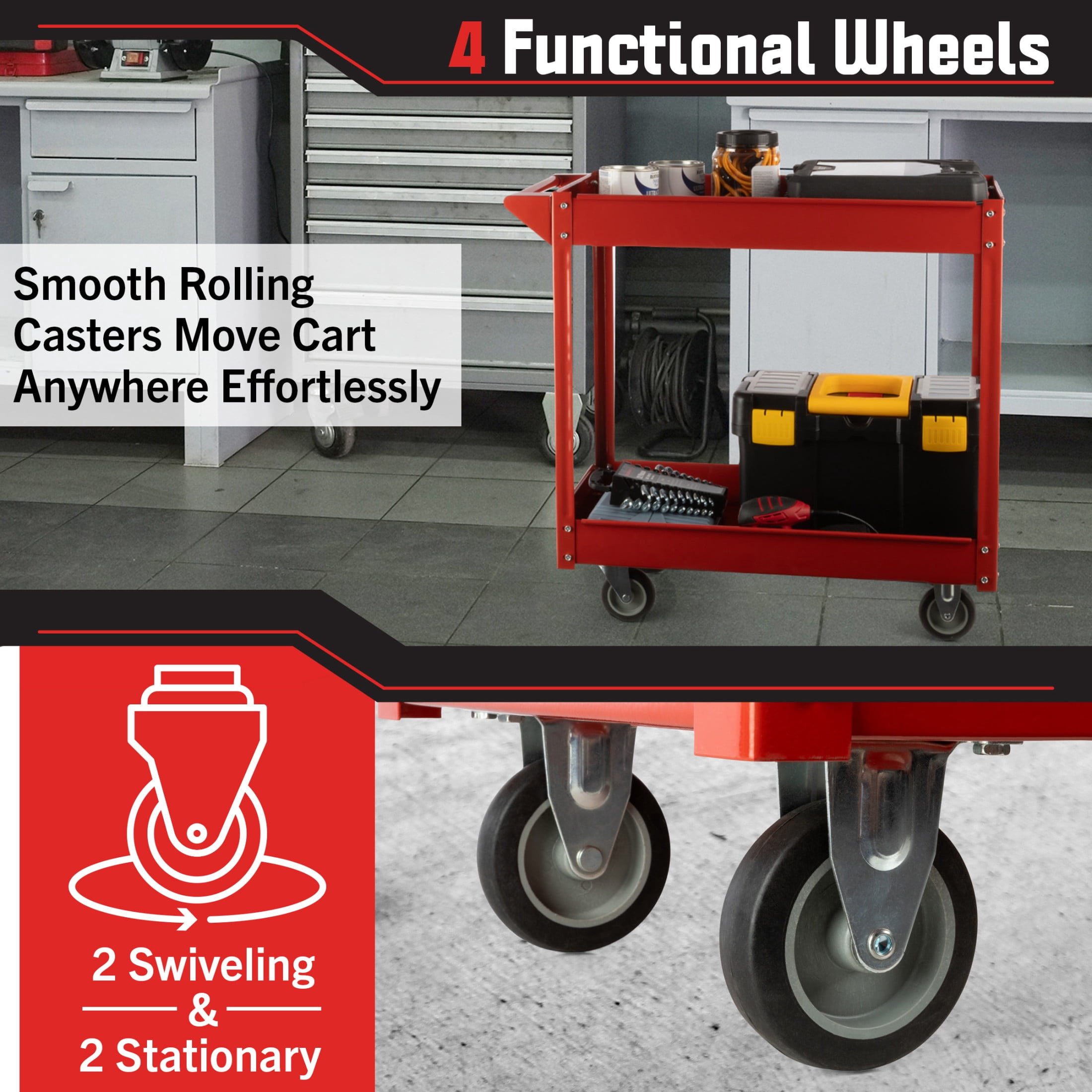 Stalwart Tool Cart - 2-Tier 330lb Capacity Rolling Utility Cart with Wheels