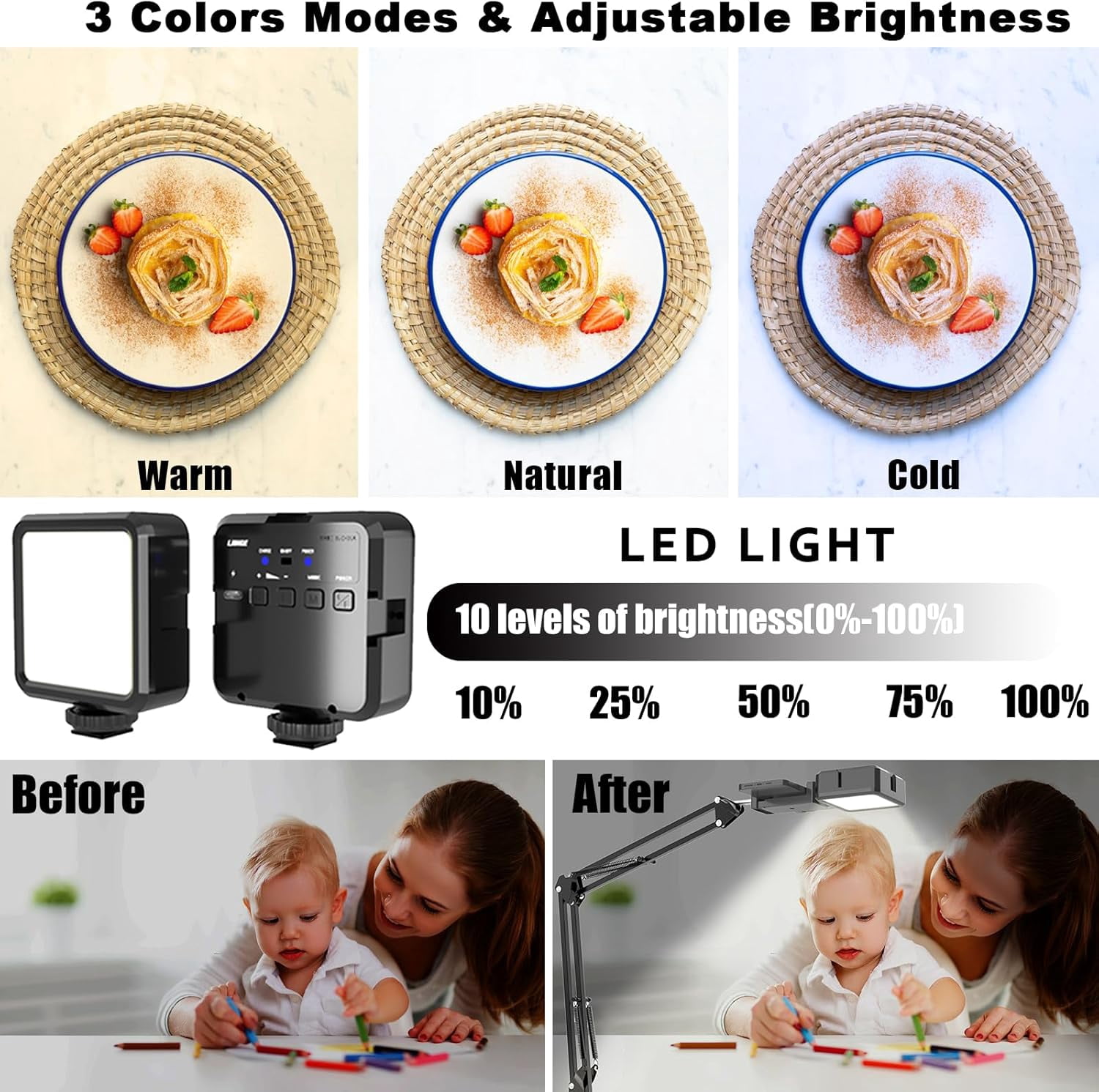 Overhead Phone Mount, Articulating Arm Cell Phone Holder with LED Light, Flexible Phone Stand for Live Streaming, Video Recording, Painting Lighting, Cooking