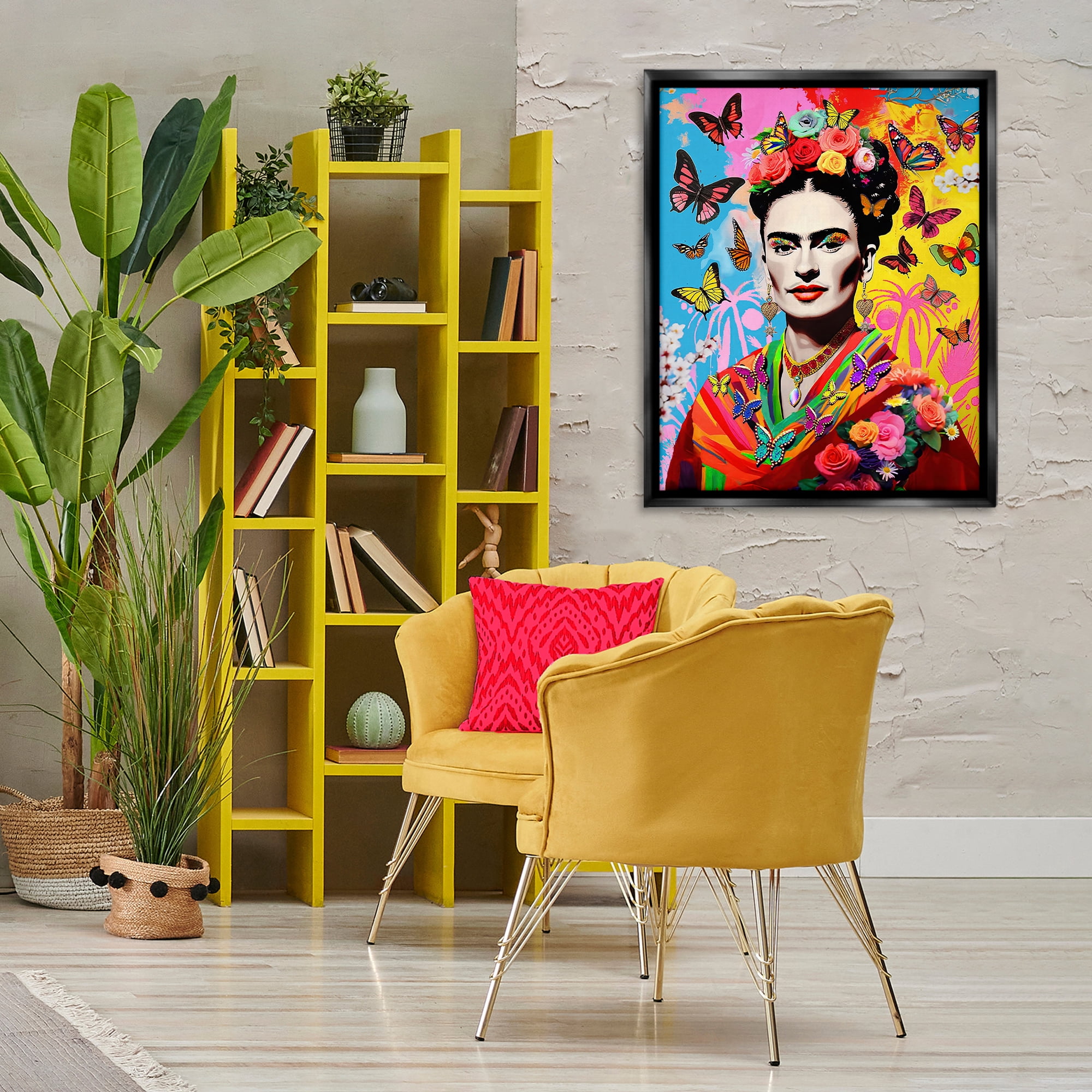 Stupell Industries Eccentric Butterflies Frida People Painting Black Floater Framed Canvas Art Print Wall Art, 25 x 31