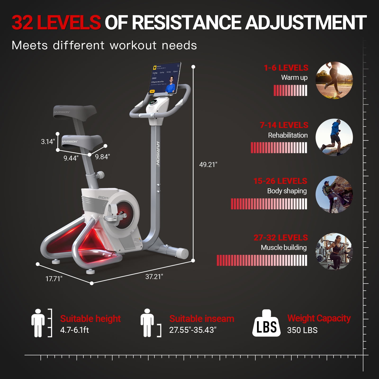 HARISON Electromagnetic Self-powered Upright Exercise Bike, 2 in 1 LED Display for Resistance Control and Data Record, 350 LBS Capacity Stationary Bike for Home with Bluetooth, 32-Level Resistance