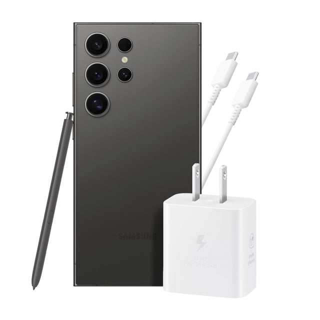 samsung galaxy s24 ultra 12gb 512gb 5g negro + adaptador 25w ep-t2510 cable blanco Vista trasera 3/4 del Galaxy S24 Ultra negro con S Pen apoyado a la izquierda, módulo cuádruple de cámaras visibles (200MP + 50MP + 12MP + sensor auxiliar) y logotipo Samsung; adaptador blanco EP-T2510 25W y cable USB-C blanco al frente sobre fondo claro. Ideal para captura y grabación de video en alta resolución y a menudo usado para llevar multimedia en viajes.