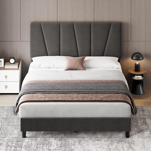 Ourlova Full Size Bed Frame with Headboard Strong Wooden Slats Support Easy Assembly No Box Spring Needed Dark Gray