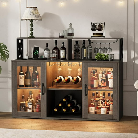 Coffee Bar Cabinet, Liquor Cabinet, Wine Bar Cabinet with LED light, Home Coffee Cabinet with Wine and Glass Rack, Kitchen Buffet Sideboard with Storage Shelves, Freestanding Liquor Cabinet for Kitche