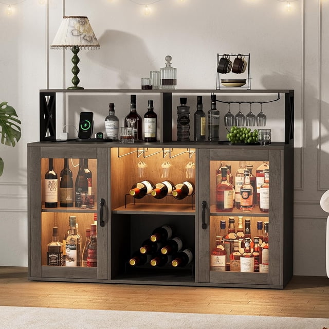 Wine Bar Cabinet, Farmhouse Liquor Cabinet with LED Lights and Power Outlets, Home Bar Cabinet with Wine Racks and Glass Holder, for Kitchen, Dining Room, Living Room, Grey