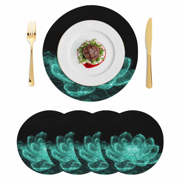 Teal Black Floral Round 13 Inch Placemats Set of 4, Modern Minimalist Ombre Botanical HeatResistant Non Slip Place Mats for Dining Table, Wipeable Braided Kitchen Table Mats for Housewarming
