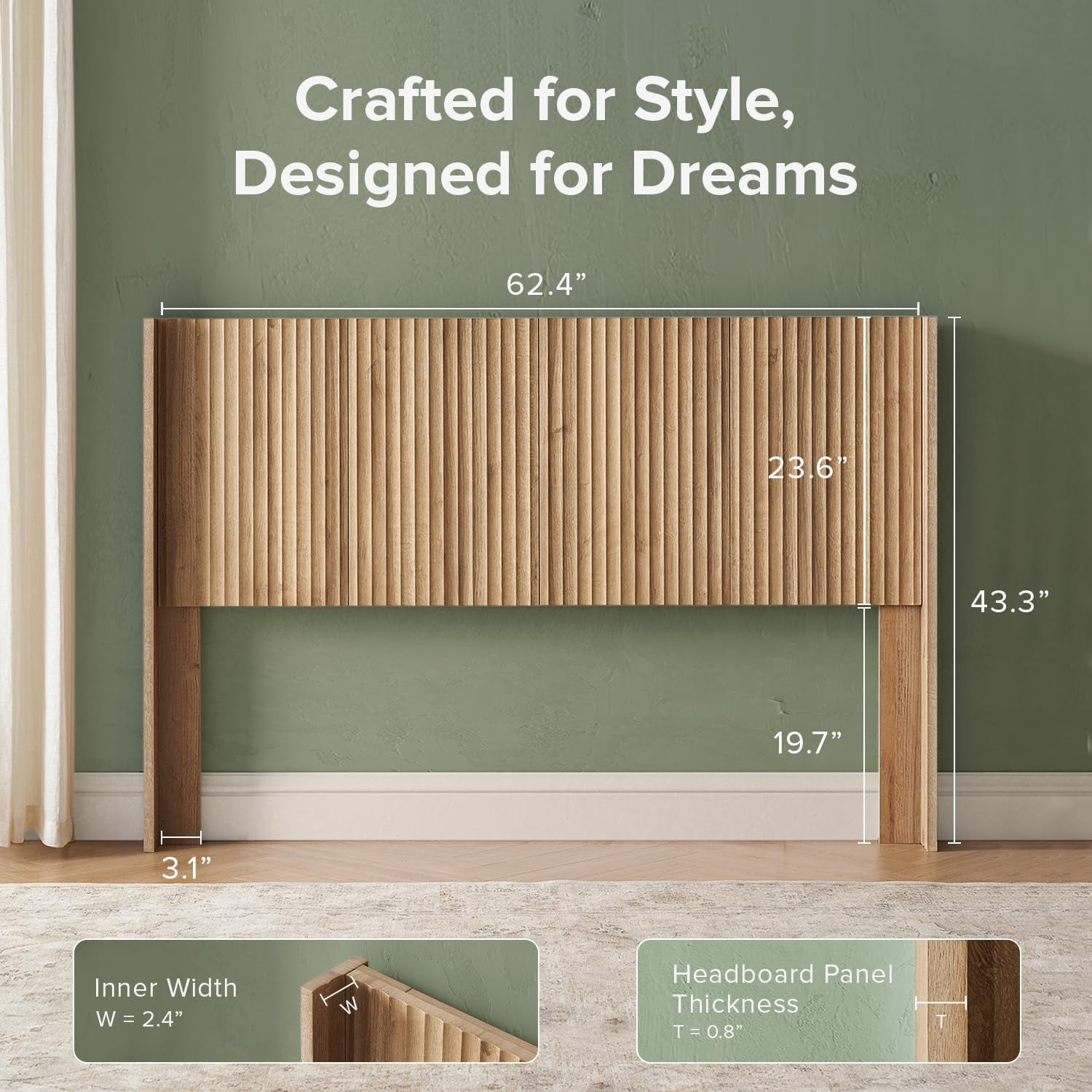 mopio Brooklyn Queen Size Oak Headboard, 62.4" Wide Headboard Only, Wood Headboard, Modern Farmhouse, Boho, Wall Mount, Fluted Panel, Wingback Design