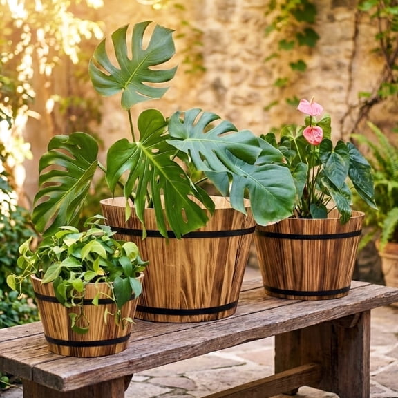 Rustic Whiskey Barrel Planter Set - 3-Piece Wooden Garden Planters with Drainage Holes, Multiple Sizes