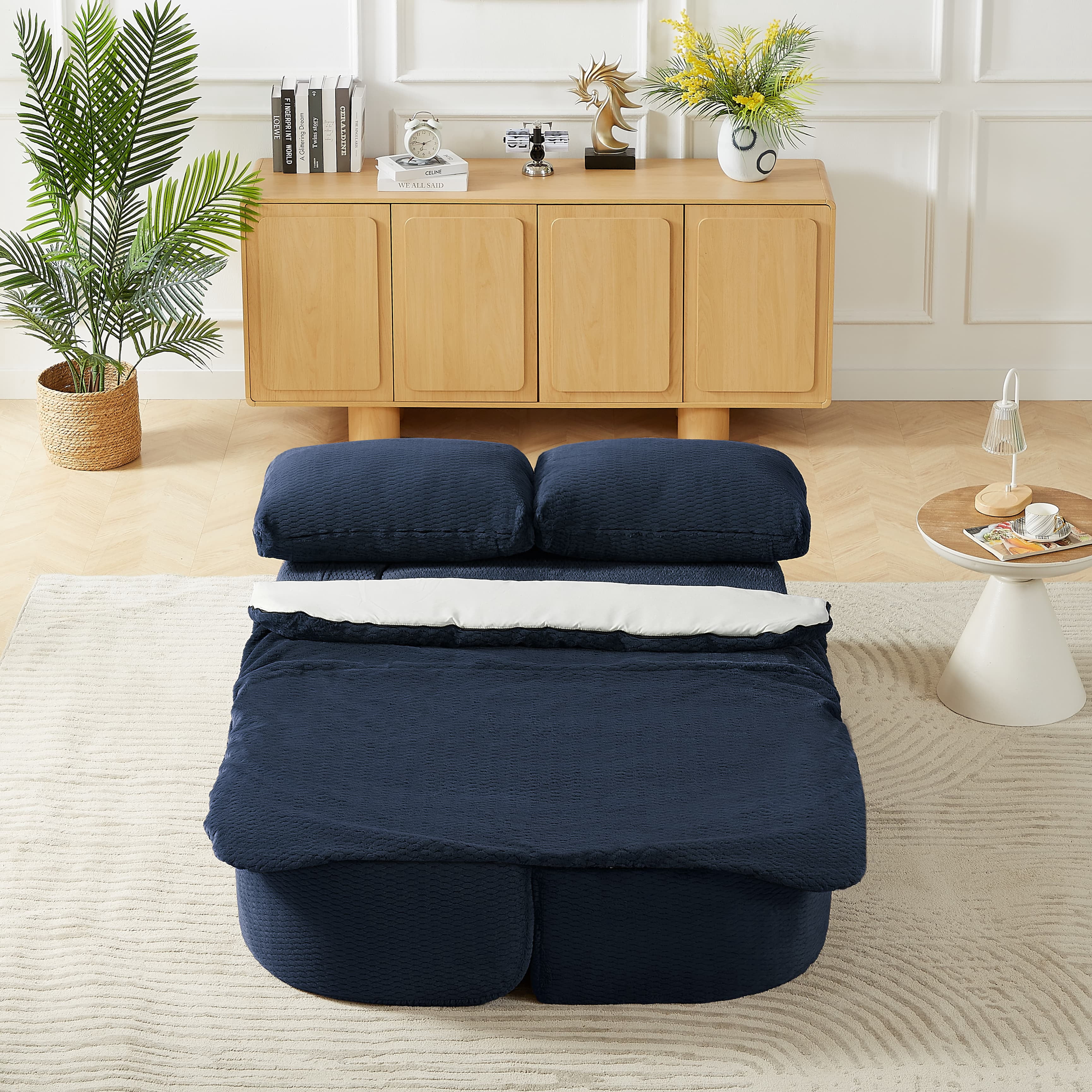 MAYEERTY Convertible Plush Sofa Bed, Modern Folding Compression Sleeper Couch for Living Room, 75*41*26"Dark Blue