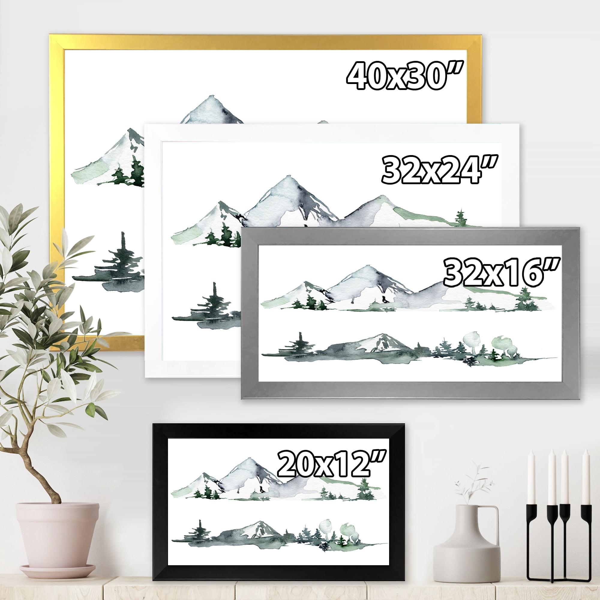 Designart 'Trees With Winter Dark Blue Mountain Landscape II' Modern Framed Art Print