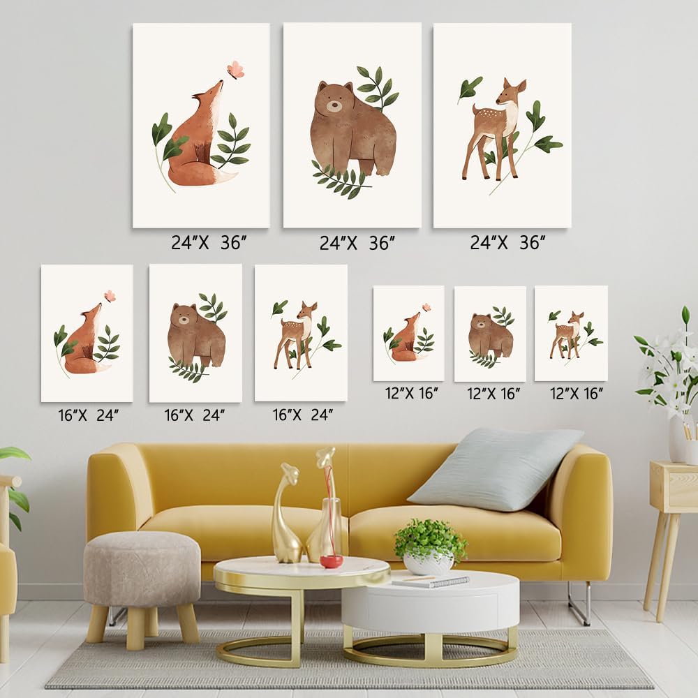Set Of 3 Woodland Animals Nursery Wall Art - 16x11 Inch Forest Deer Bear Fox Prints In Wood Frames