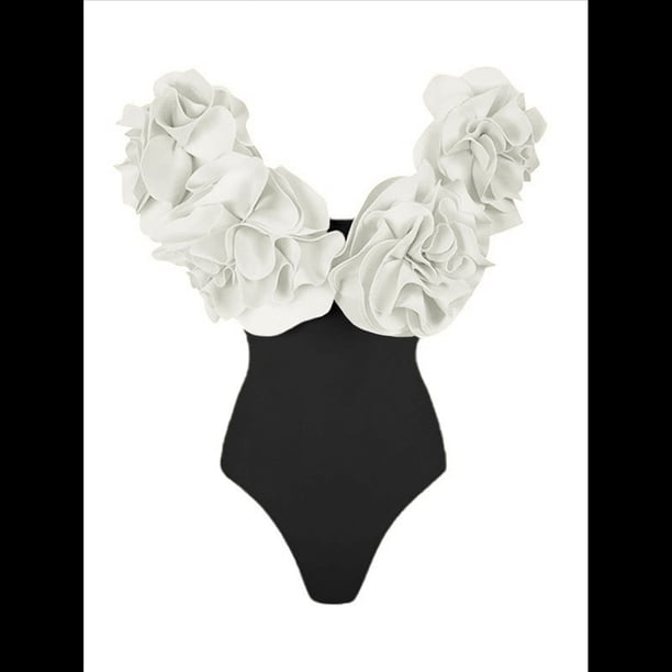 Traje de Baño de una Pieza para Mujer, Falda Cruzada, Pareo, Bikini con Estampado Floral Retro. y Negro S