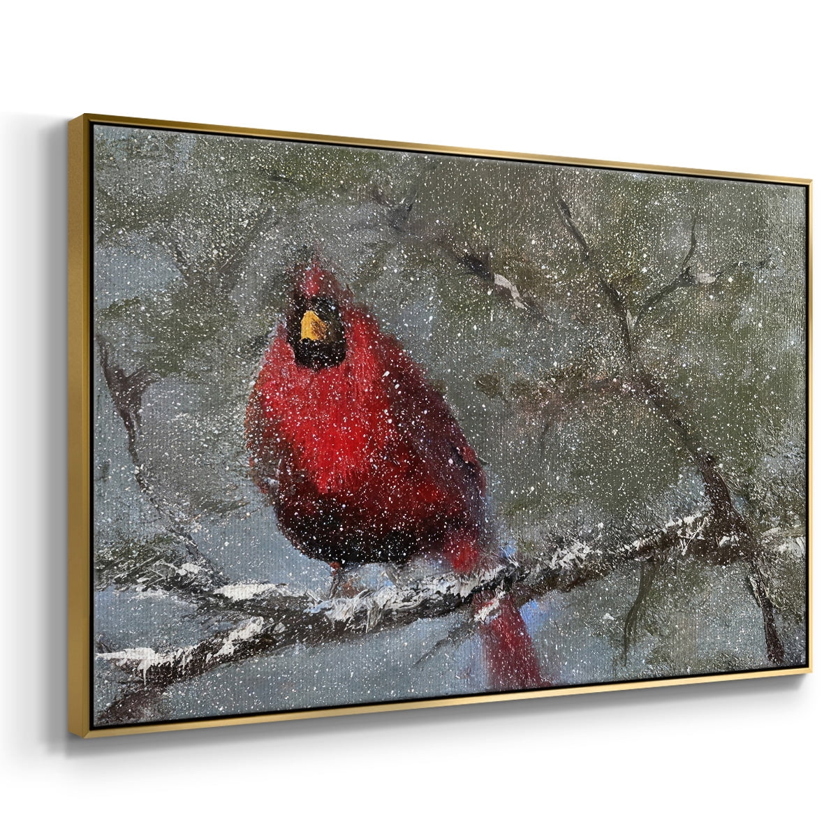 Cardinal in Snow I - Framed Gallery Wrapped Holiday Canvas - 25 x 37 - Gold Frame