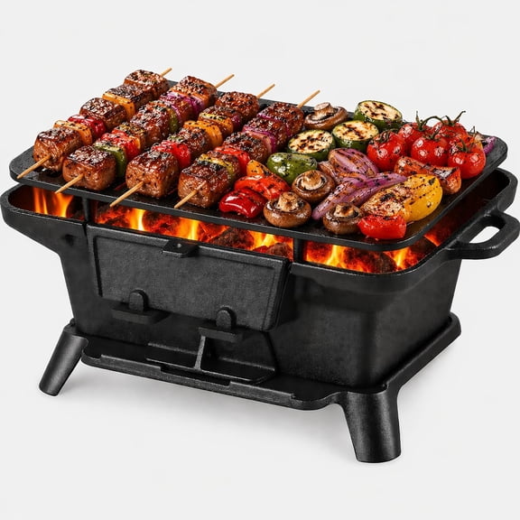 Hibachi Grill Outdoor, Portable Mini Charcoal Grill, Pre Seasoned Cast Iron Tabletop Skillet Grill Stove, Small Japanese Yakitori BBQ Station For Camping Picnic Backyard, Black