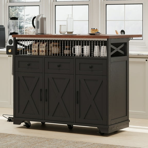 Euroco 46.5'' Farmhouse Kitchen Island with Beaded Drape, Power Outlet & Drop Leaf