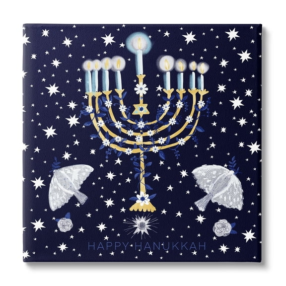 Stupell Industries Happy Hanukkah Starry Menorah Holiday Painting Gallery Wrapped Canvas Print Wall Art