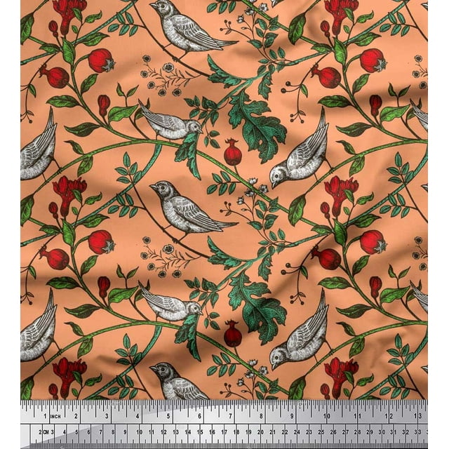 Soimoi Modal Satin Fabric Bird & Leaf Bird Print Fabric by Yard 42 Inch Wide