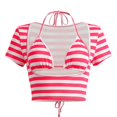 thumbnail image 6 of Arlun Women’s 3 Piece Stripe Outfits Short Sleeve Cut out Crop Top and Sleeveless Cami Bodycon Mini Shorts Set Y2k Color Block Stretchy Slim Fitted Summer Beach Party Matching Sets Pink M, 6 of 7