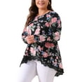 thumbnail image 4 of Agnes Orinda Women's Plus Size Crew Neck Lace Trim A-Line High Low Hem Floral Blouse Tunic Tops 3X Black, 4 of 5