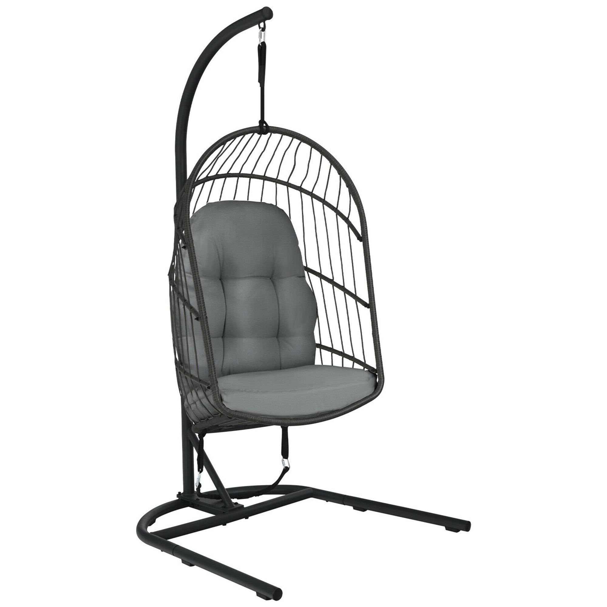 Gymax Hanging Hammock Patio Rattan Swing Egg Chair w/ Stand & Gray Cushions