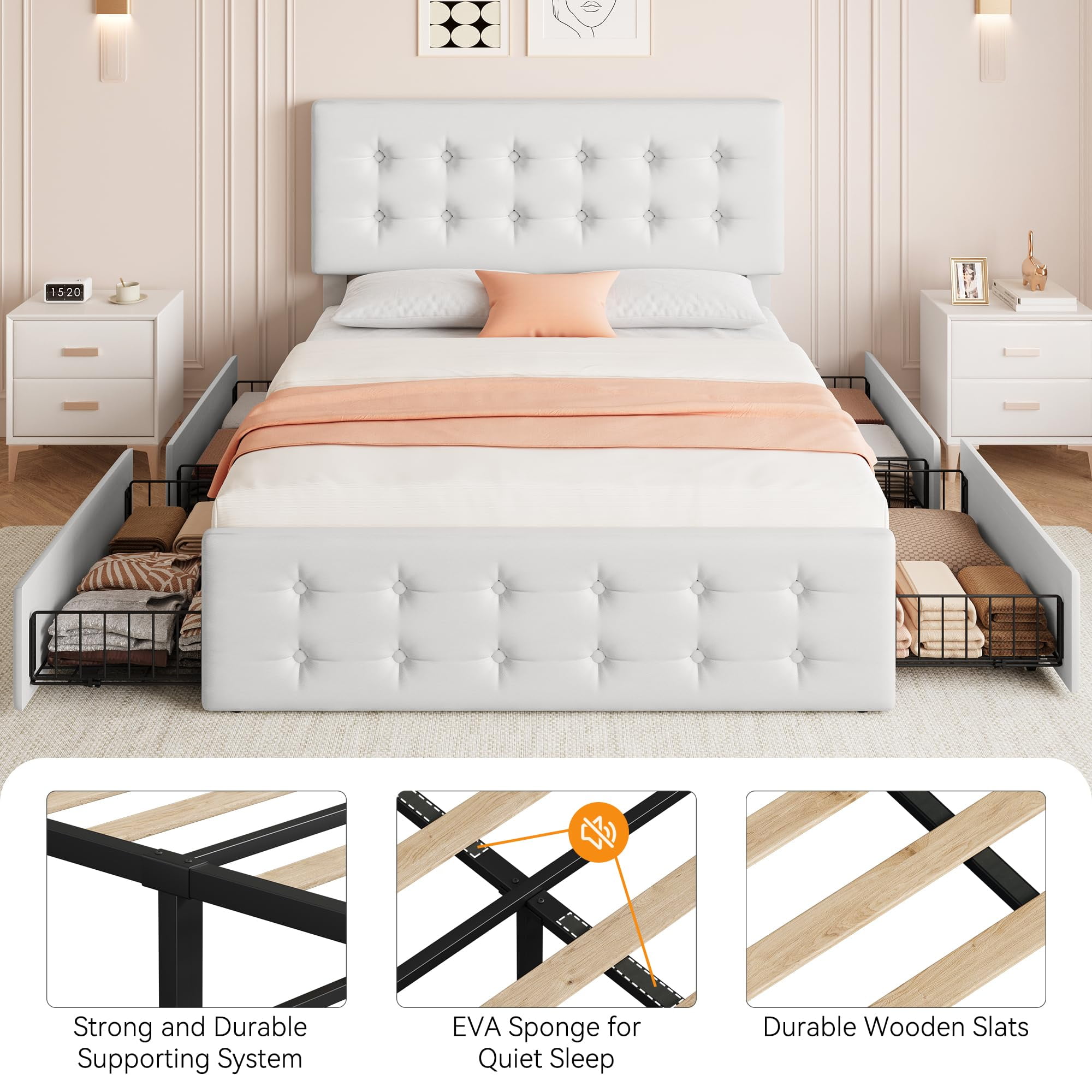 Maritcute Full Size Bed Frame with 4 Storage Drawers and Adjustable Headboard, Upholstered Mattress Foundation with Skin-Frienly Linen, No Box Spring Needed, Off-White