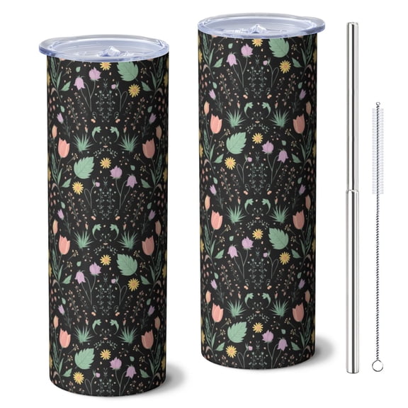 Pioneer Flower Floral Print Pattern 20oz Skinny Tumbler with Straw & Lid, Double Wall Vacuum Insulated Cup, Leak-Proof, Cup Holder Friendly, Hot 6H Cold 12H