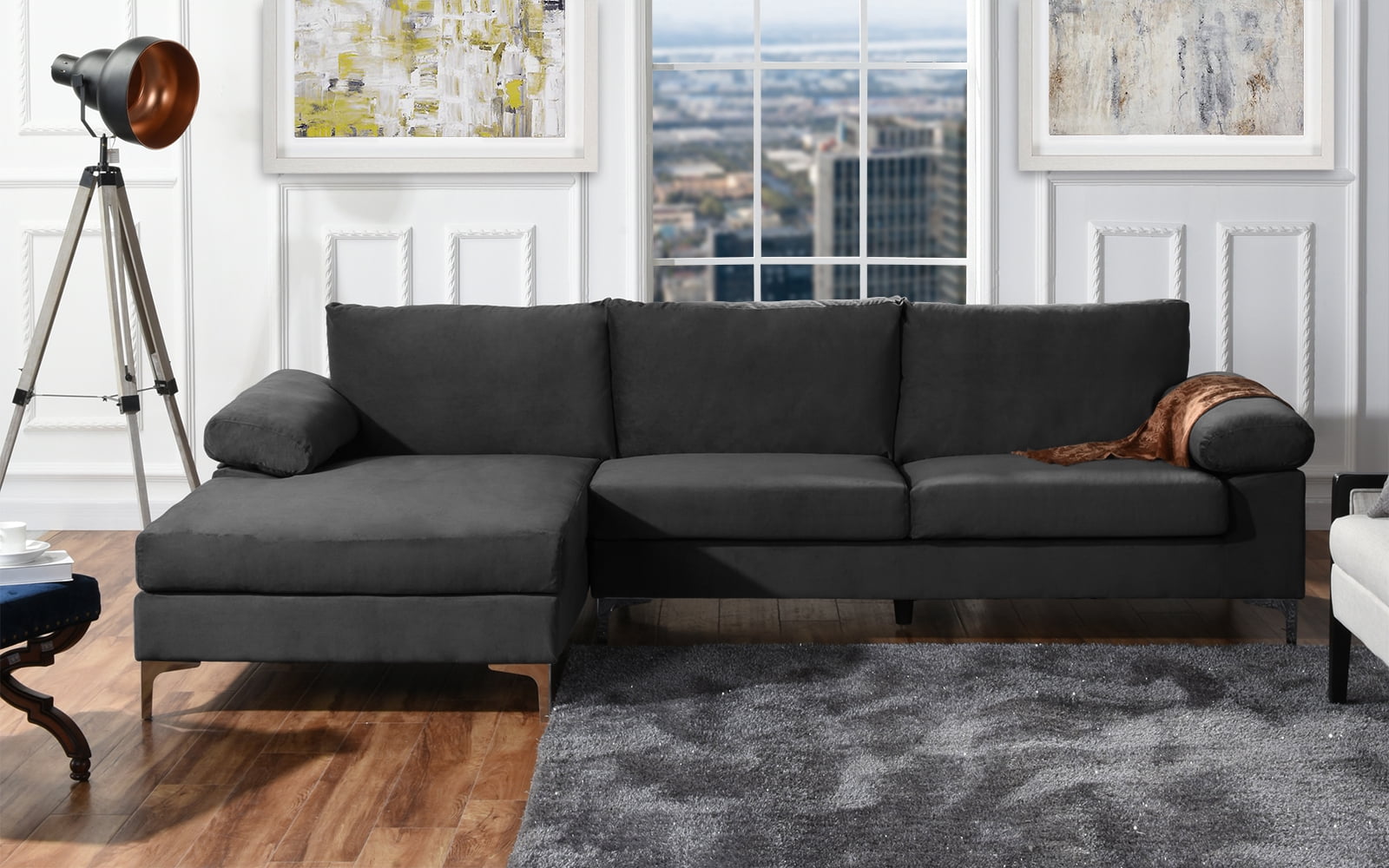 Large Velvet Fabric Upholstered Sectional Sofa Modern