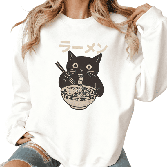 Women's Crew Neck Printed Cotton Hoodie Black Cat Eating Ramen Pattern Casual Japanese Cute Round-neck long-sleeved White S-3XL