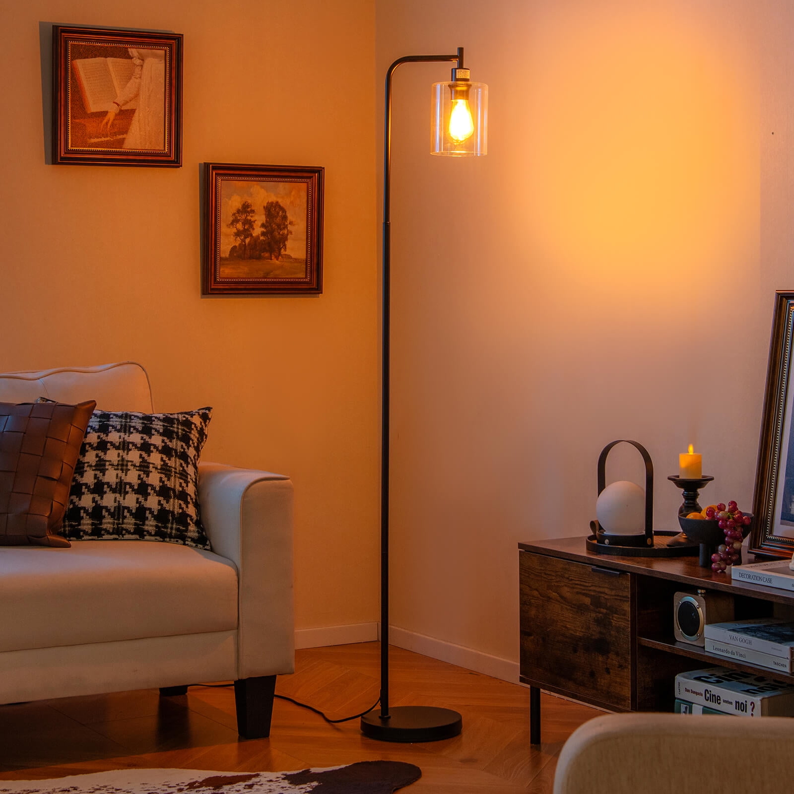 Costway Industrial Floor Lamp with Hanging Glass Lampshade and Foot Switch Modern
