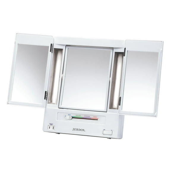 Jerdon Tri-Fold Makeup Mirror with Variable Light Settings, 5X- 1X Magnification, White-Model JGL9W