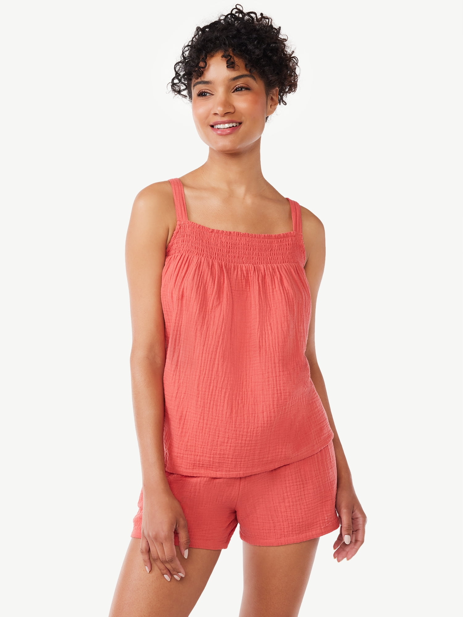 Joyspun Women's Gauze Smocked Top and Shorts Pajama Set, 2-Piece, Sizes S to 3X