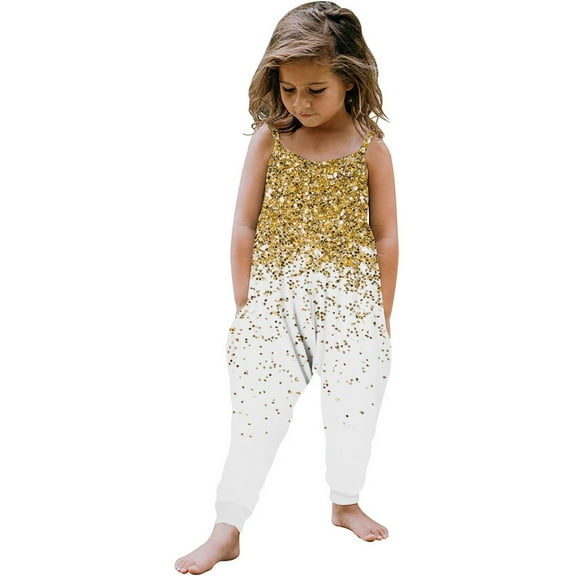 ZCFZJW Toddler Kids Baby Girls Sparkly Jumpsuits Casual Summer Sleeveless Strap Baggy Harem Pants Loose Fit Comfy Playsuit Cute Romper Outfits with Pockets Gold 3-4 Years