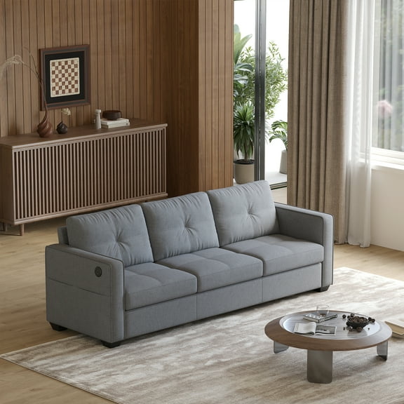 AODAILIHB 88" W Linen Fabric 3-Seat Sofa Set with Ottoman, Love-seat Couch with 2 USB Charging Ports and Stowage Pocket, Upholstered Arm Sofa For Living Room, Office, Black