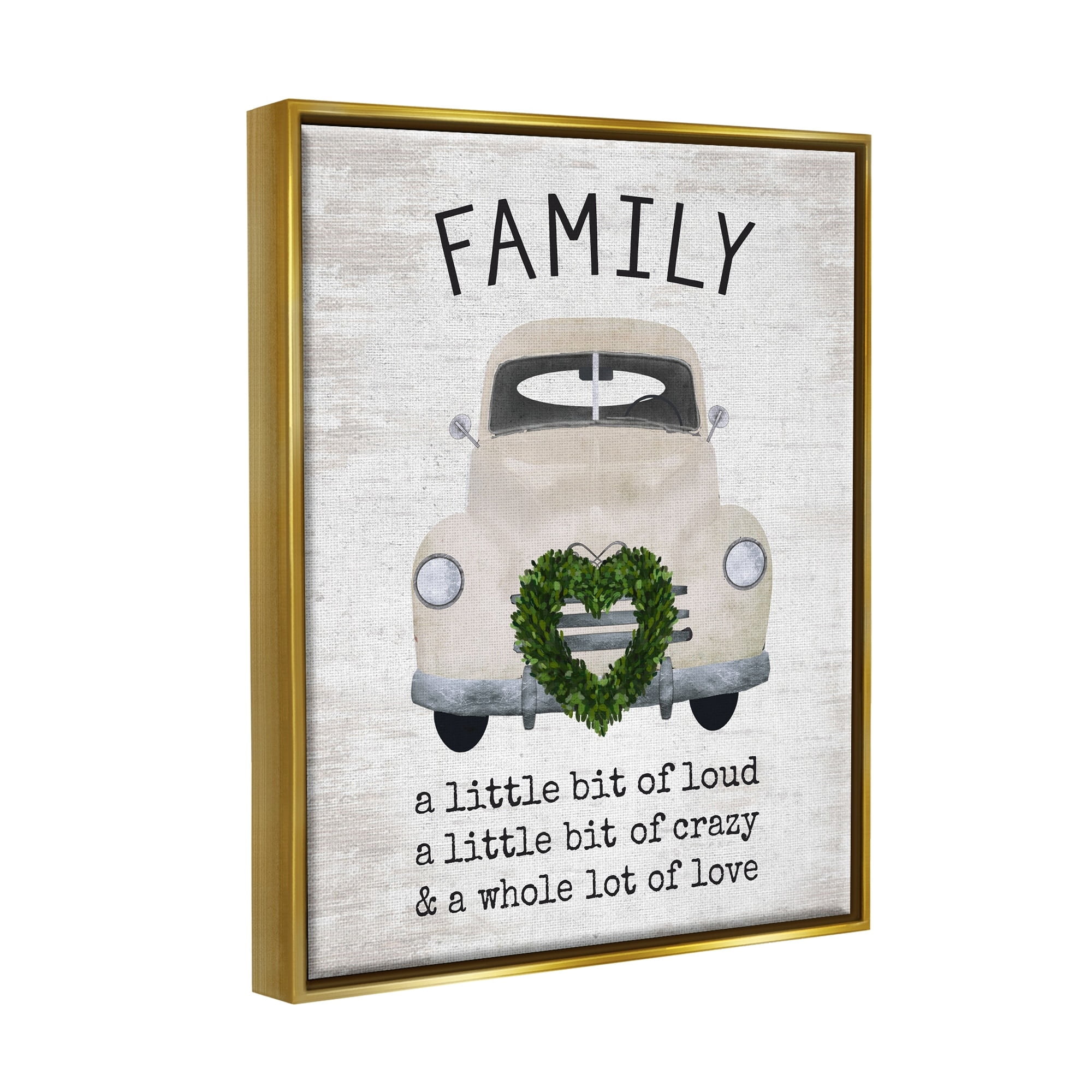 Stupell Industries Wholesome Family Sign Antique Car Heart Wreath Graphic Art Metallic Gold Floating Framed Canvas Print Wall Art, Design by Lettered and Lined