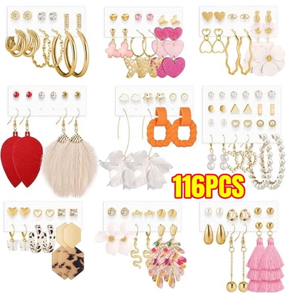 116PCS Earrings Set for Women, Fashion Tassel Earrings Acrylic Hoop Stud Drop Dangle Earrings for Birthday Party, Assorted Styles and Colors