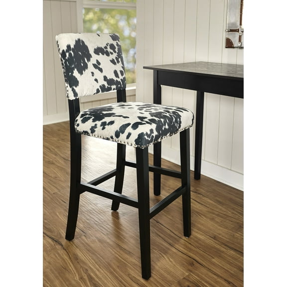 Linon Clayton Black Cow Print Bar Stool, 30 inch Seat Height