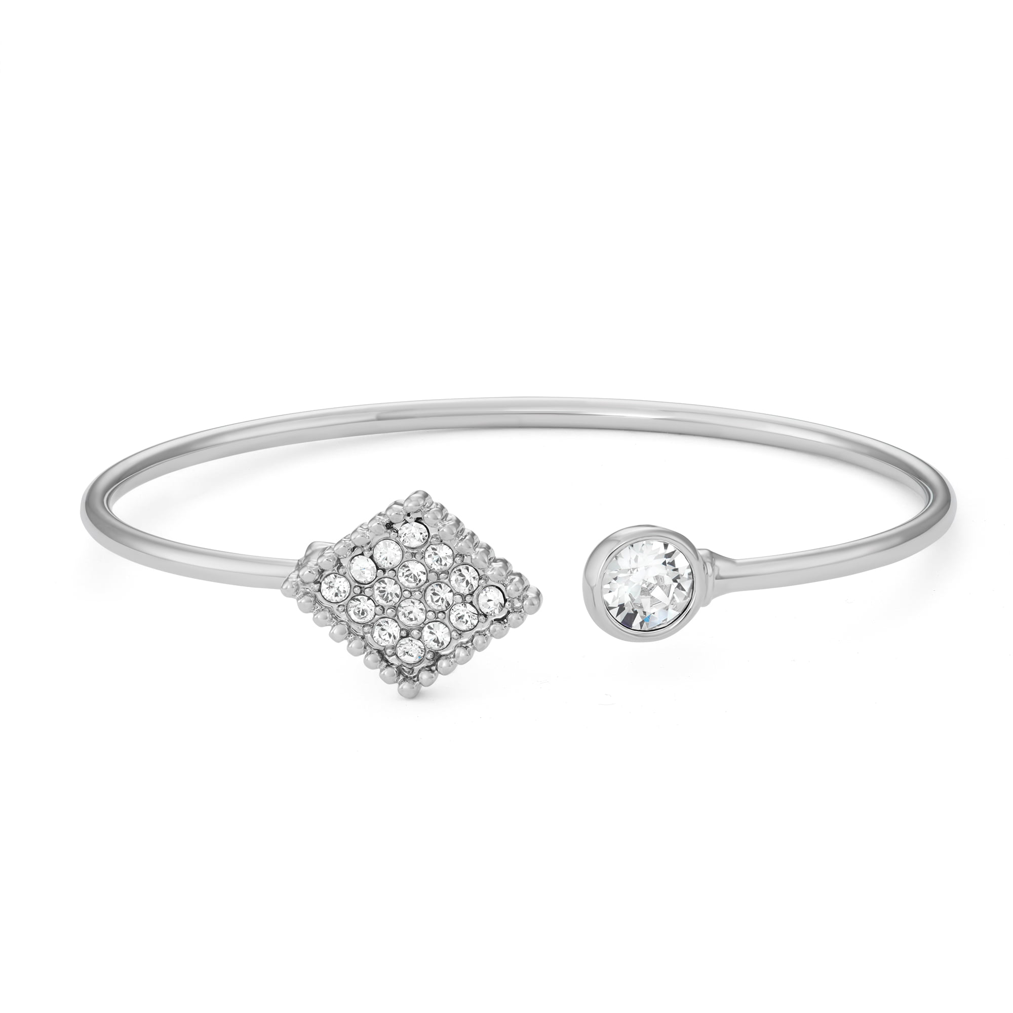 Rhodium Plated Open End Bangle Bracelet With Crystal Diamond, Made With ...