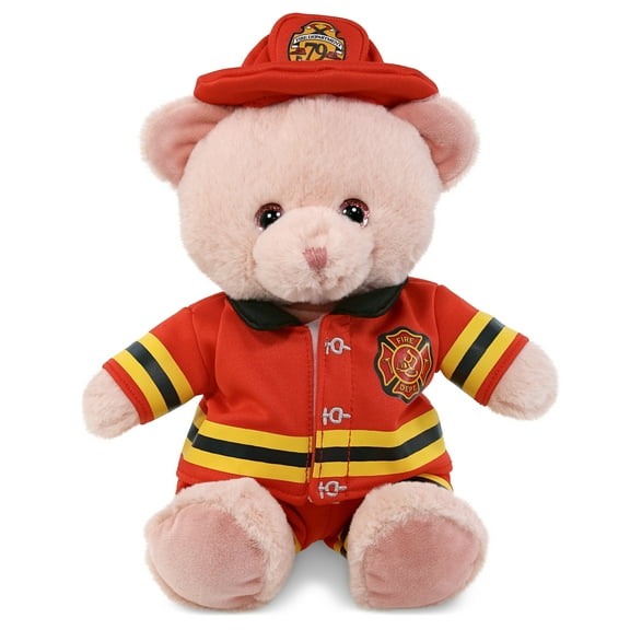 DolliBu Baby Pink Bear Firefighter Stuffed Animal - Super Soft Bear Fireman Toy with Red Fireman Costume Outfit and Fireman Hat, Wild Life Stuffed Animal Fire Fighter Doll Plush Toy for Kids - 8 Inch