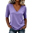 thumbnail image 6 of GZWYHT Women's Half Sleeve Ribbed Knit T Shirts Classic V Neck Slim Fit Soft Stretchy Casual Tops Comfy Everyday Tees Purple M, 6 of 9