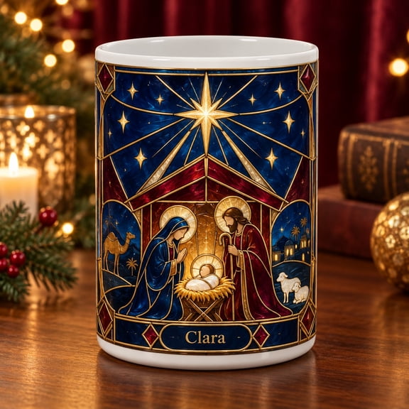 Personalized Stained Glass Nativity Mug, Christian Christmas Gift