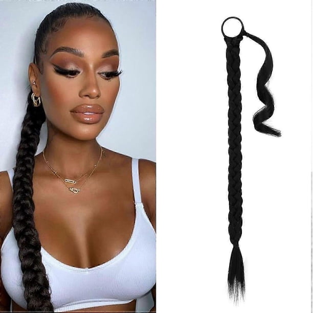 2 extensiones de coleta larga trenzada con banda elástica, extensiones de cabello liso trenzado, negro, 80 cm