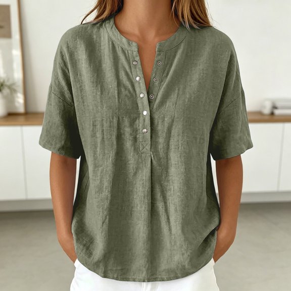 TrendOFT Womens Pullover Tops Solid Color Loose Fit Stand Collar Short Sleeve Casual Daily Soft Tops Army Green L
