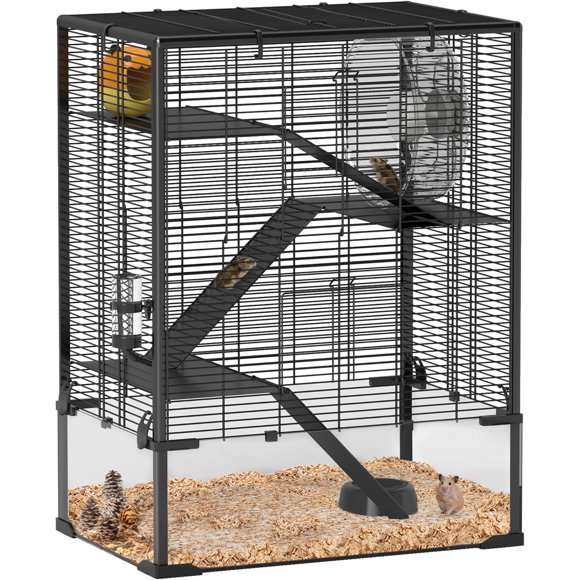 CHENZM Large Hamster Cage with 9" Deep Tempered Glass Bottom, 4 Tiers Hamster Tank with Running Wheel, Hut, Water Bottle, Dish, Rat Cage for Syrian, Dwarf, Gerbils, Mouse, 24" x 16" x 31.5", Black