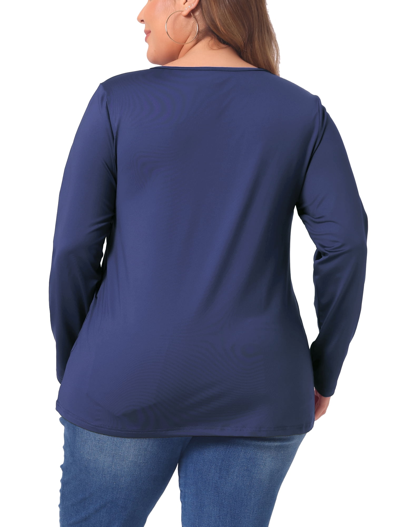 DARING DIVA Women's Plus Size Long Sleeve Notched Neck Loose Tops 1X Dark Blue