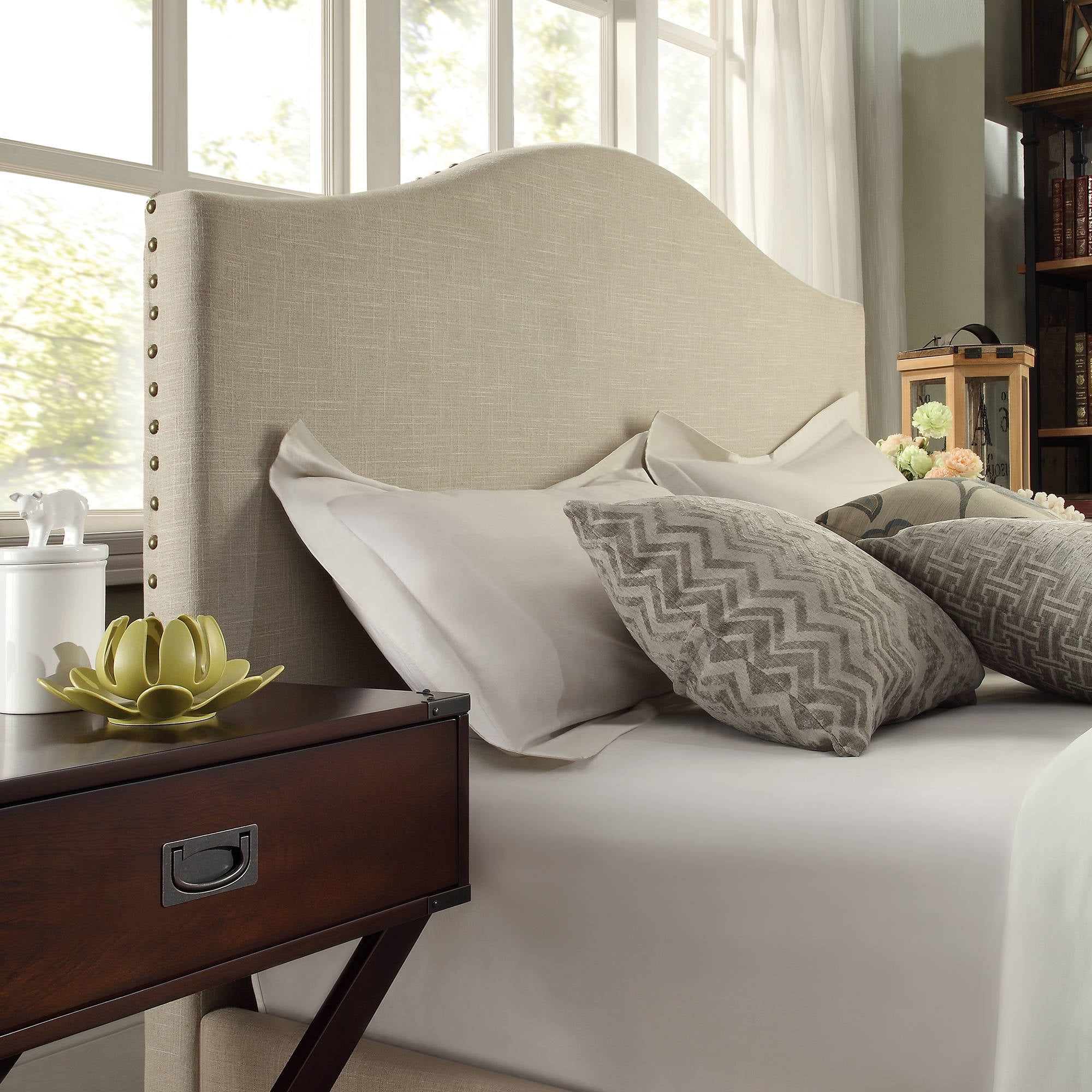 Alicia Camelback Nailhead King Beige Linen Headboard Com