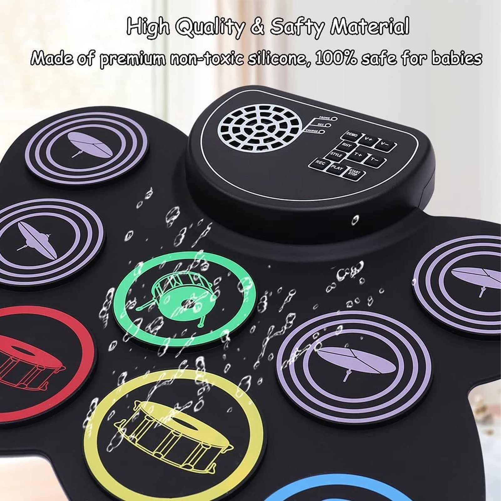 BIMZUC Roll Up Electric Drum Set Colorful Electronic Drum Pad with Built In Speaker Foot Pedal and Drumsticks 16.14 inches / 41 cm Tabletop Drum Kit for Kids and Beginners