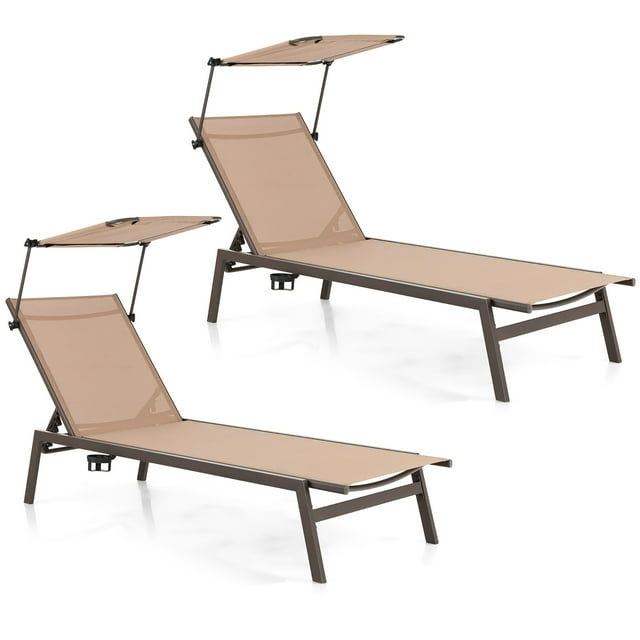 Costway Lot de 2 Chaises Longues d'Extérieur avec Pare-Soleil, Fauteuils Inclinables Réglables à 6 Niveaux