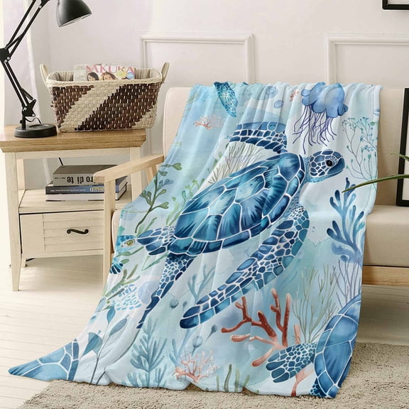 Fleece Blanket Cartoon Sea Turtle Blue Coral Jellyfish Blankets, Soft Cozy Warm Flannel Throw Blanket, Marine Life Ocean World Blanket for Bed Couch Sofa,40x50In