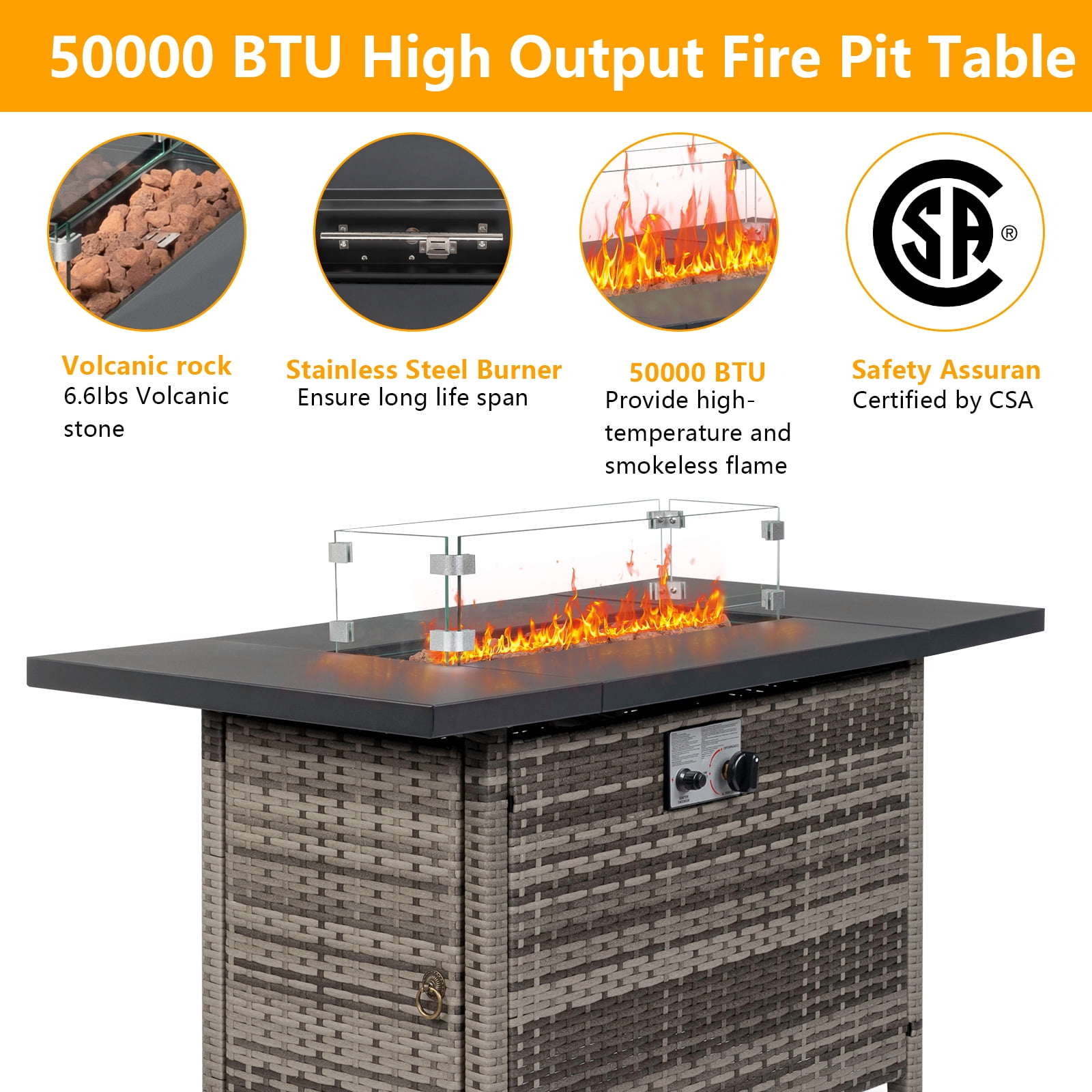 GVN Garden Fire Pit Table, Outdoor Fire Pit Table, 43" Fire Table，50000 BTU Gas Firepit with Volcanic Stone Black